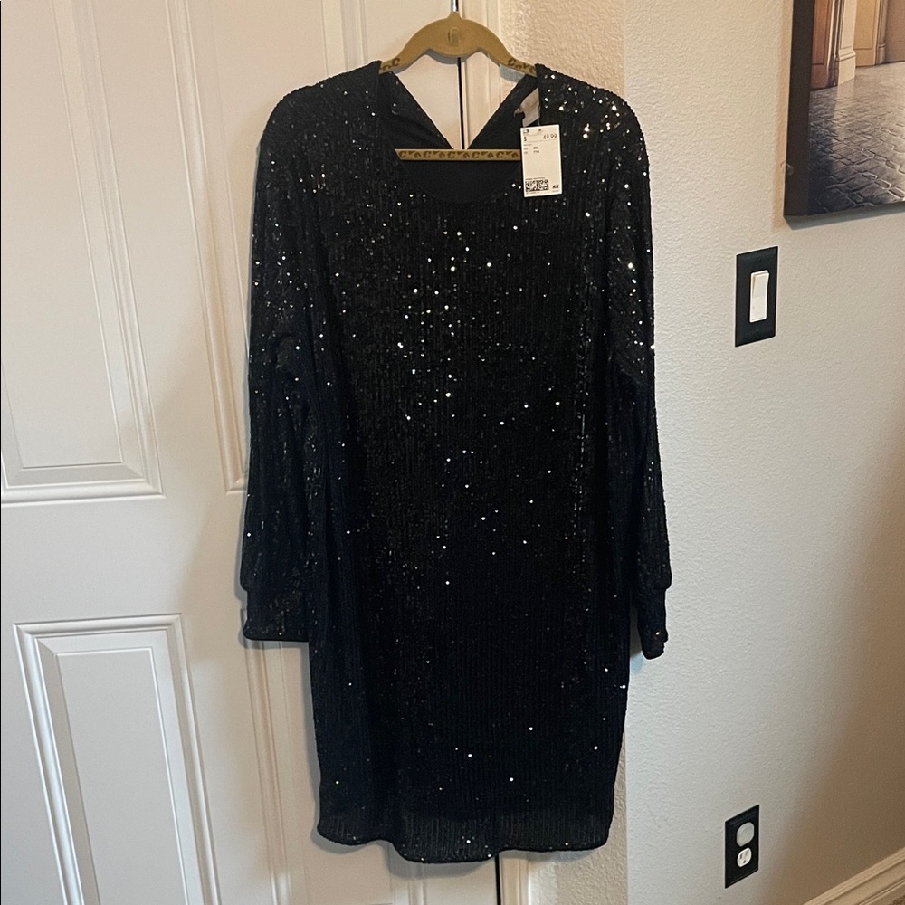 H&M Black Sequin Long Sleeve Dress